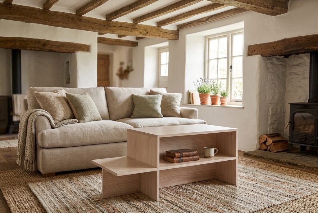 Salontafel SOLLERUP 50×110 massief grenen in een landelijk interieur, woonkamer