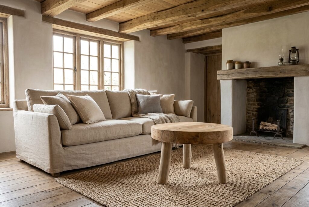 Salontafel Tjeu, naturel, 43xØ60 cm in een landelijk interieur, woonkamer