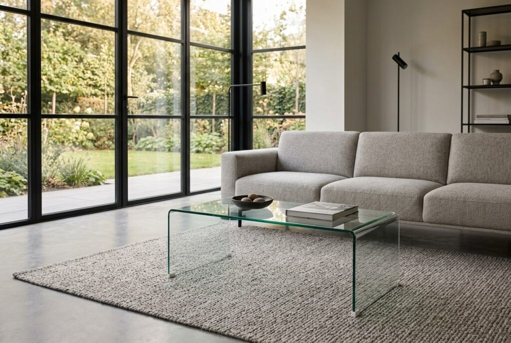 Salontafel VANTINGE 60×100 glas in een modern interieur, woonkamer
