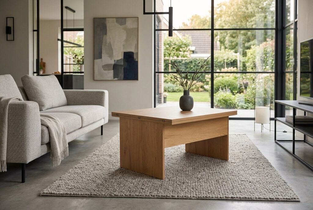 Salontafel VARDE L80/160 uitklapbaar warm eiken kleur in een modern interieur, woonkamer