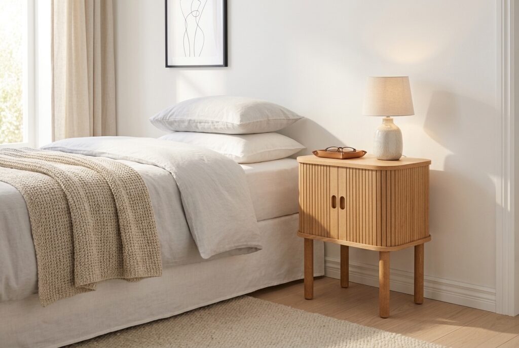 Scandi Nachtkastje in een scandinavisch interieur, slaapkamer