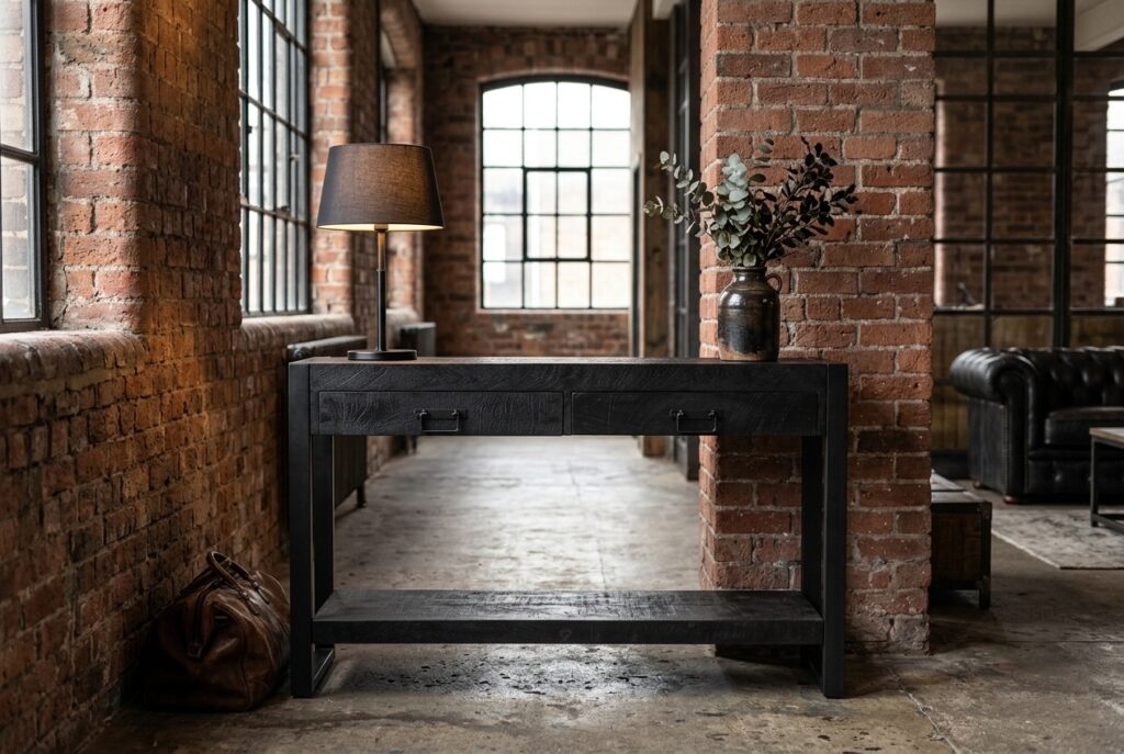 Sidetable Eems zwart 120 in een industrieel interieur, hal