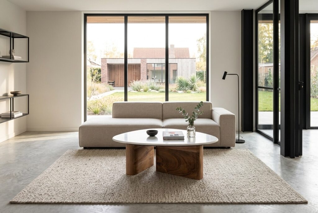 Sissy-Boy salontafel hout met marmer blad in een modern interieur, woonkamer