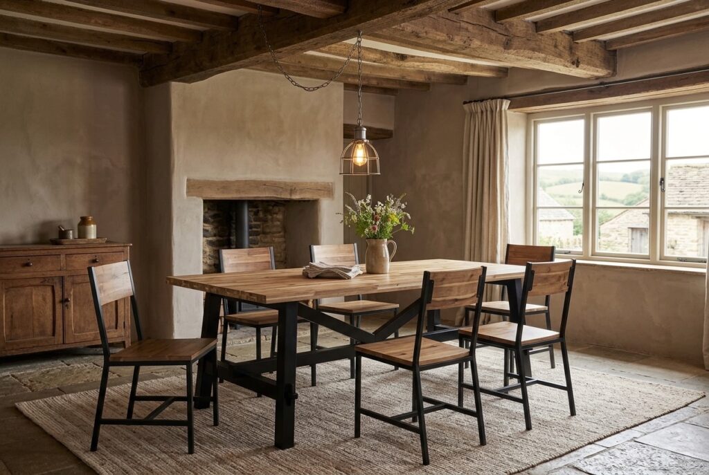 SKOGSTA Eettafel, acacia/zwart 235×100 cm in een landelijk interieur, eetkamer