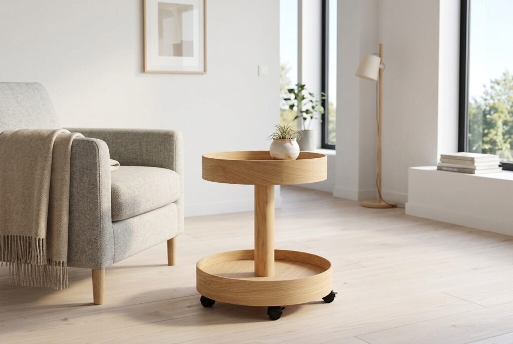 STOCKHOLM 2025 Bijzettafel, eikenfineer in een scandinavisch interieur, woonkamer