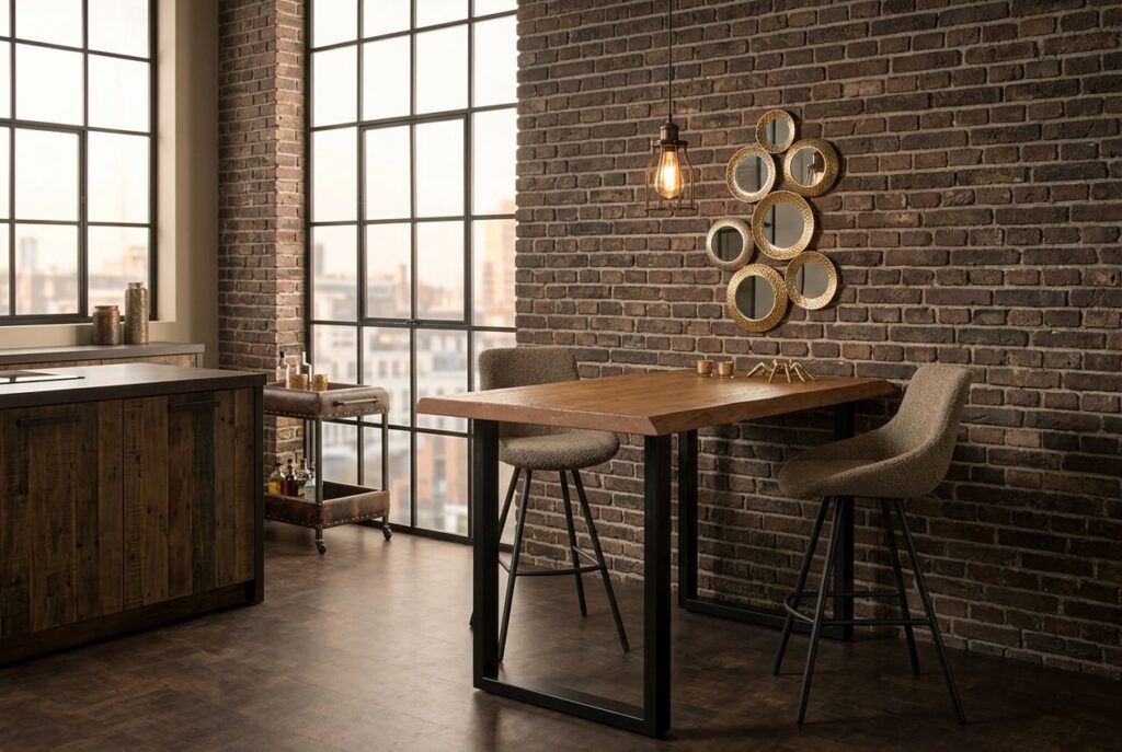 Tower Living Boomstam Bartafel ‘Ultimo’ Acaciahout, kleur Naturel in een industrieel interieur, keuken