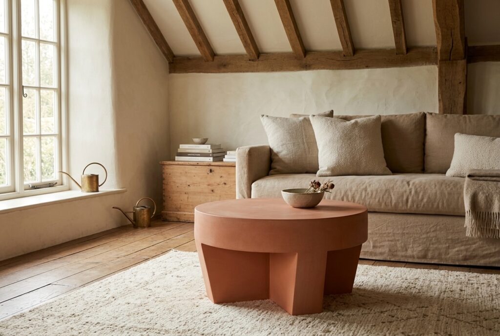 Vilena koffietafel terracotta Ø 60 cm in een landelijk interieur, woonkamer