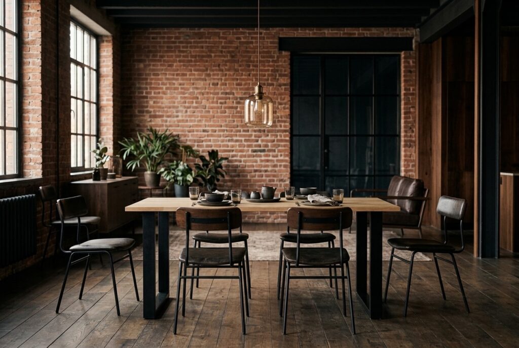 WOOOD eetkamertafel Tablo in een industrieel interieur, eetkamer