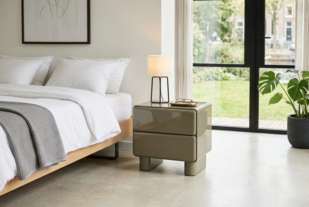 WOOOD nachtkast Lustra in een modern interieur, slaapkamer