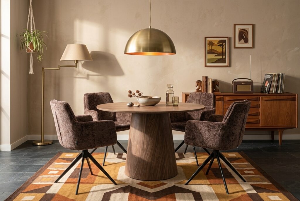 WOOOD Ronde Eettafel ‘Maan’ 120cm, kleur Walnoot in een retro interieur, eetkamer
